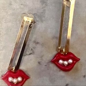 COPY - NWT Handmade Gold Open Rectangular Earrings With Red Lip Charms